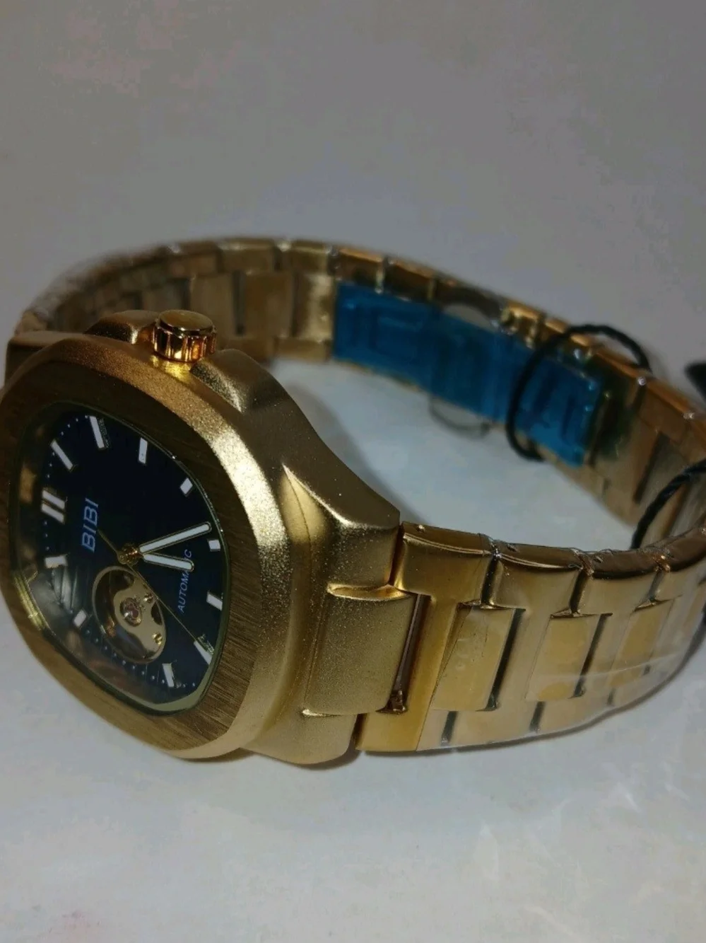 BIBI Men's Gold Automatic Watch Open Heart Blue Dial Stainless Steel Bracelet...
